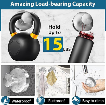 Suction Cup Hooks for Shower, 2 PCS No-Drill Towel Holder for Bathrooms Wall, Glass Door, Mirror, Tiles, Kitchen, Hold Robe & Wreath, Hanging up to 15 lbs – Waterproof & Rustproof, Loofah-Silver