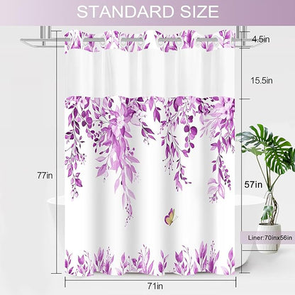 No Hook Shower Curtain and Liner Set, Purple Eucalyptus Floral Shower Curtains for Bathroom, Bath Curtain Sets with Snap in Liner, Waterproof with See Through Top Window, 71x77 Inches
