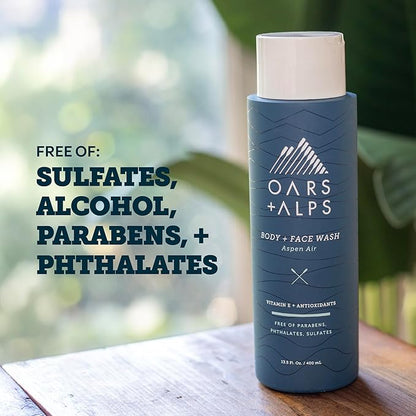 Oars + Alps Body and Face Wash for Men, Mens Body Wash & Face Cleanser with Vitamin E and Antioxidants, Moisturizing, Hydrating, Paraben & Sulfate Free Cleanser, Aspen Air, 2pk