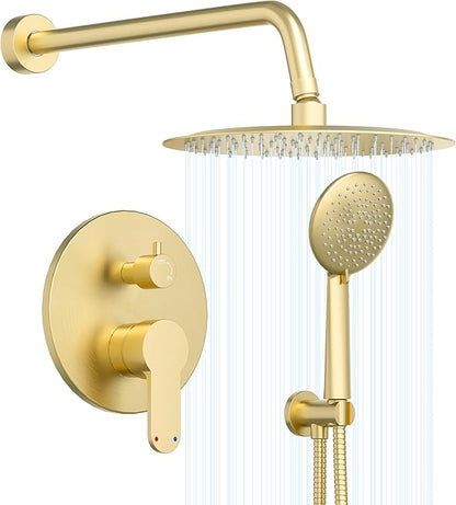 Gabrylly Gold Shower Head System, Shower Faucet Set with Pressure Balance Shower Valve, 10 Inch Shower Heads with 5-Setting handheld Spray Combo, High Pressure Shower Fixtures, Brushed Gold