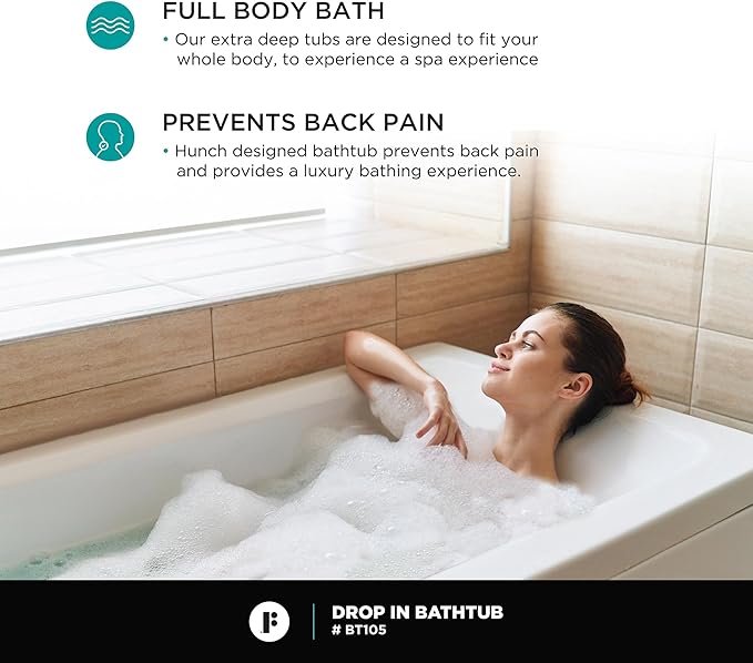 Fine Fixtures Drop In White Soaking Bathtub, Fiberglass Acrylic Material, 72"L x 36"W x 19"H