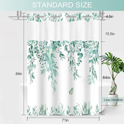 No Hook Shower Curtain and Liner Set, Teal Eucalyptus Floral Shower Curtains for Bathroom, Bath Curtain Sets with Snap in Liner, Waterproof with See Through Top Window, 71x84 Inches