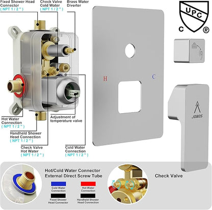 Rain Shower System 12IN Modern Brass Faucet Set With Valve and Diverter Shower Mixer With Handheld High Pressure Square Rainfall Shower Valve (12'' Ceiling Mount, Brushed Nickel)