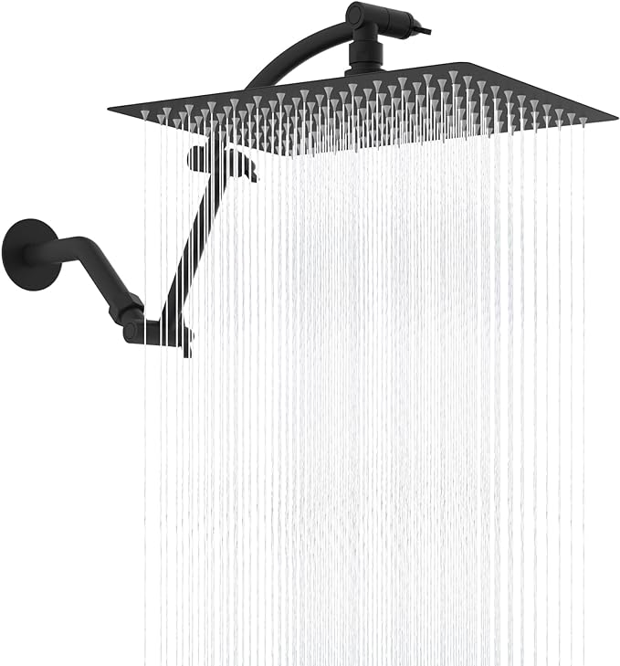 Hibbent All Metal cUPC Certified Rain Shower Head, 12'' High Pressure Rainfall Showerhead with 16" Shower Head Extension Arm, Solid Brass Adjustable Shower Arm Extender, fixed Showerheads, Matte Black
