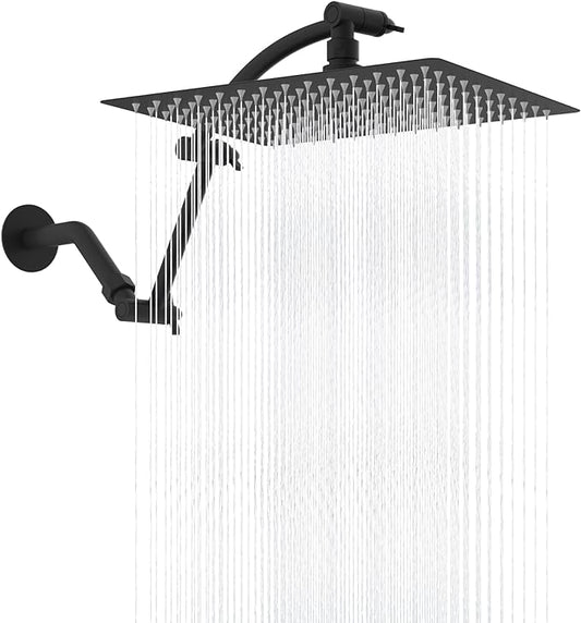 Hibbent All Metal cUPC Certified Rain Shower Head, 12'' High Pressure Rainfall Showerhead with 16" Shower Head Extension Arm, Solid Brass Adjustable Shower Arm Extender, fixed Showerheads, Matte Black