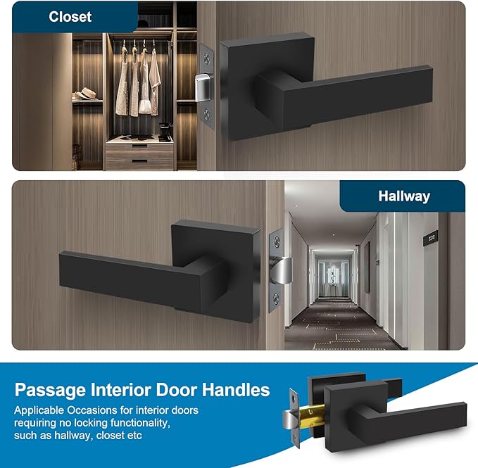 Passage Door Lever, 5 Pack Matte Black Interior Door Handles for Hallway and Closet, Heavy Duty Square Interior Keyless Door Handles Non-Locking Door Knobs for Right & Left Side Door