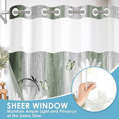 No Hook Green Daisy and Butterfly Shower Curtain with Snap in Fabric Liner Set, Rustic Farmhouse Double Layers Waterproof Fabric with See Through Top Window Open Grommet Bath Curtain 71x86 Inch