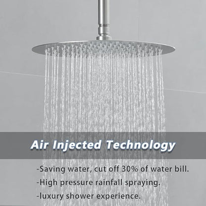 Brushed Nickel Round Shower Faucet Set with Body Jets 16 Inch Shower Head Handheld Shower Combo Set High Pressure Ceiling Mount with Rough-in Valve