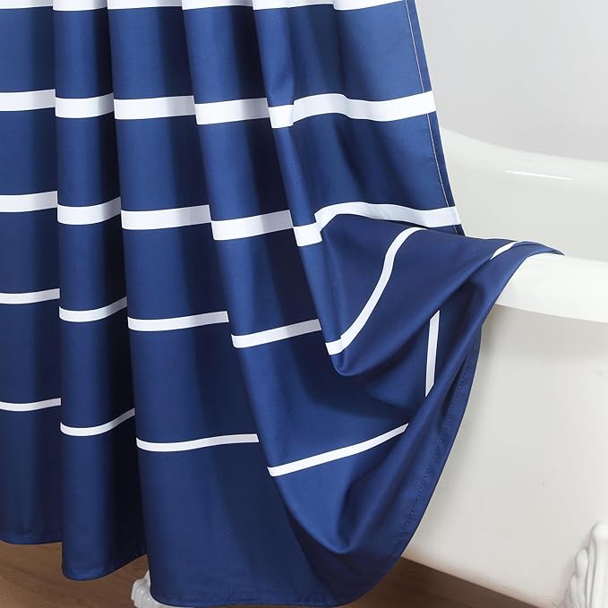 Extra Long Blue Shower Curtain, Modern Navy Blue and White Stripe Waterproof Polyester Shower Curtains for Bathroom, 72x84 Inches