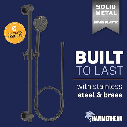 HammerHead Showers® Solid Metal 27.5 Inch Shower Slide Bar Set and Handheld Shower Head with Hose — OIL RUBBED BRONZE — 2.5 GPM High Pressure Spray Wand — Easily Adjust Height & Angle of Handshower