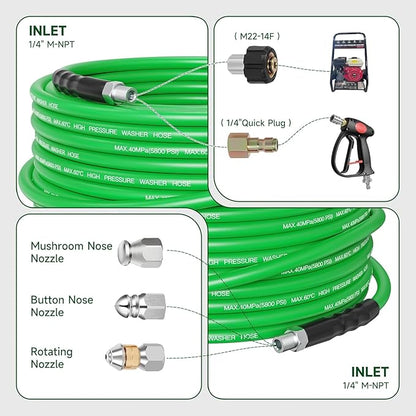 Sewer Jetter Kit for Pressure Washer 200FT – 5800PSI High-Pressure Drain Cleaner, M22 & 1/4'' NPT Universal Fit, Unclog Gutters & Sewer Lines, Durable Jetter Hose for Homeowners & DIYers (200FT)