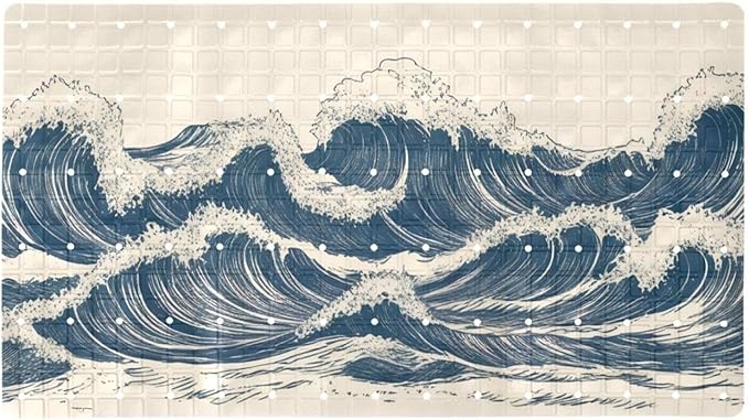 Bathtub Mats for Shower Tub, Anti-Slip Bath Mats for Inside Tub, Bathroom Shower Mats with Drain Holes and Suction Cups (Abstract Art Ocean Waves Vintage Style)