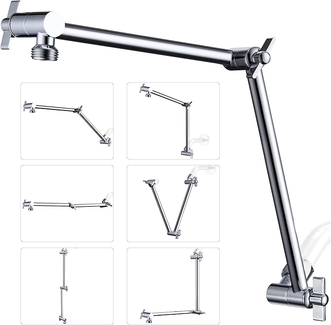 G-Promise 18 Inch Shower Head Extension Arm, Solid Brass Height & Angle Adjustable Extender, Rise or Lower Rainfall and Fixed Shower Head (Chrome)