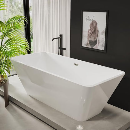 59" Acrylic Freestanding Soaking Bathtub, Matte Drain & Black Overflow, Modern Design Tub for Home Bathroom Renovations, Glossy White
