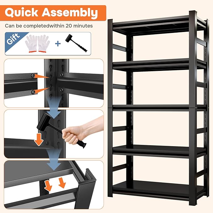 Metal Shelving Units for Garage, 5-Tier Adjustable Storage Shelves, Heavy Duty Steel Racks for Garage, Basement, Warehouse, Black