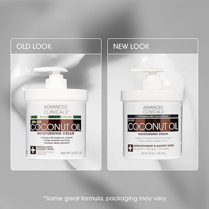 Advanced Clinicals Coconut Oil Body Cream For Women & Men | Hydrating Coconut Lotion For Extremely Dry Skin | Visible Anti Aging Body Butter Skin Care Balm Moisturizer For Hand, Heel, Feet, 16oz, 2PC