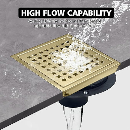 4 Inch Square Shower Drain with Flange, Removeable Grate SUS 304 Stainless Steel Shower Drain with Hair Catcher (Brushed Gold, 4 Inch)