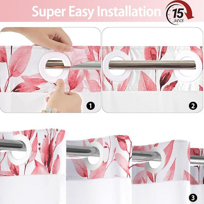 No Hook Shower Curtain and Liner Set, Pink Eucalyptus Floral Shower Curtains for Bathroom, Bath Curtain Sets with Snap in Liner, Waterproof with See Through Top Window, 71x77 Inches