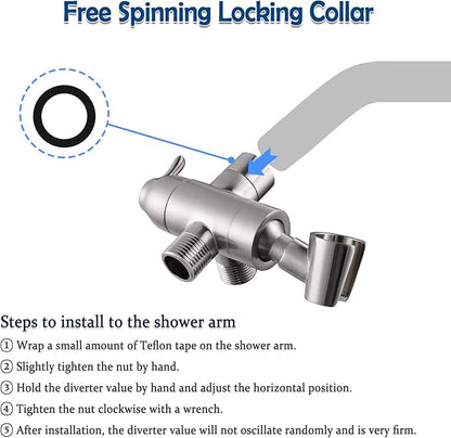 Shower Arm Diverter with Handshower Mount, G1/2 Brass Shower Diverter Valve Bathroom Universal Shower System Replacement for Handheld Shower and Fixed Shower Head, Brushed Nickel