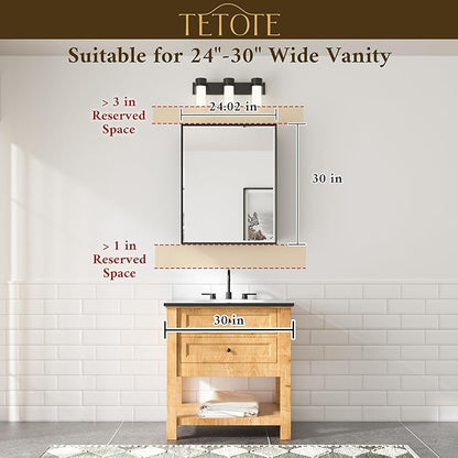 TETOTE Brushed Nickel Medicine Cabinet 24" x 30" Bathroom Mirror with Storage HD Glass Beveled Aluminum Frame Stepless Adjustable Shelves, Recessed or Wall Mount