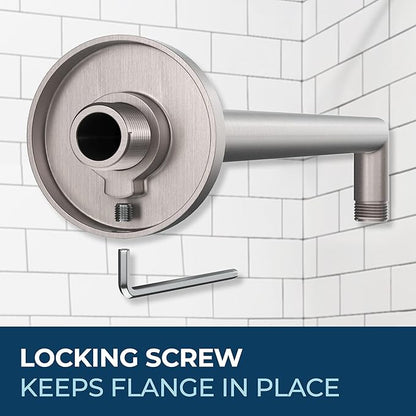 HammerHead Showers® Solid Metal 16 Inch Extended Shower Arm and Flange with Set Screw, Long Shower Arm, Extends Rain Shower Overhead, Wall-Mounted Rain Shower Arm, Brushed Nickel