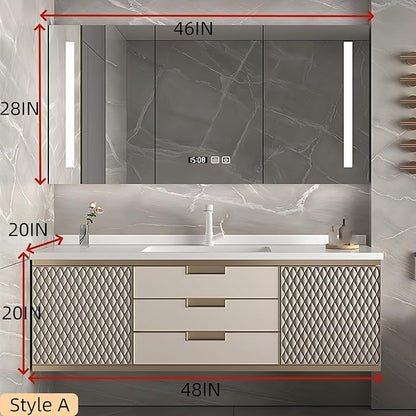 48IN Modern Bathroom Vanity - Wall-Mounted Bathroom Cabinet with LED Light | Intelligent Defogging Mirror Cabinet Includes Time Display Function, 2 Drawers & 2 Storage Cabinets (Style A)