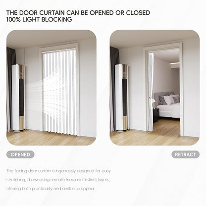 Accordian Door Curtain, 100% Blackout Folding Magnetic Doorway Curtains,Linen Style Closet Doors,for Room Divider,Privacy Protection（W72 x L78,White,1 Panel）