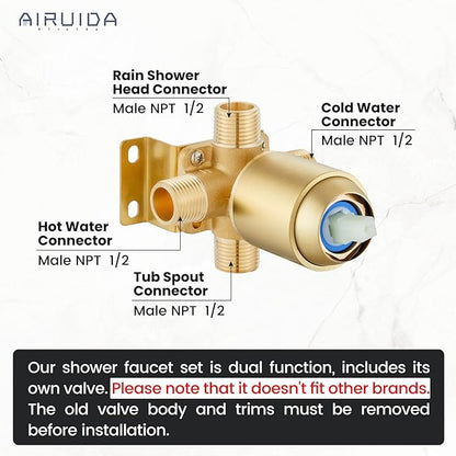 Airuida Shower Faucet Set and Handle Set Single Function Shower Trim Kit Ceiling Mount Rainfall Shower System with Male Threads and Rough-in Valve 12 Inch Square Shower Head Brushed Gold