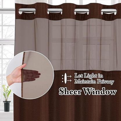 Gibelle Stall Small Shower Curtain 36x74, Waffle Weave Shower Curtain with Snap-in Fabric Liner Set, No Hooks Needed, Hotel Style with Mesh Top Window, Brown