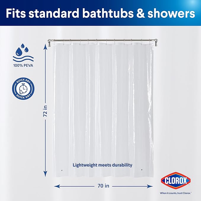 Clorox Shower Curtain Liner, Premium Lightweight Durable Waterproof 4g PEVA for Bathroom with Weighted Magnets, Standard Size 70" x 72", Clear 2 Pack