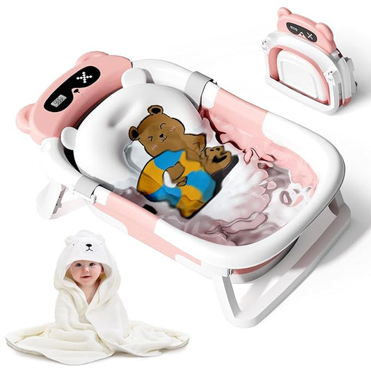 Collapsible Baby Bathtub for Newborn to Toddler (0-18 Months) - Foldable Baby Bath Tub with Soft Towel, Newborn& Infant Bathtub for Travel and Outdoor, Pink