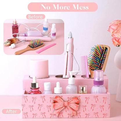 Pink Bow Hair Dryer Holder Wall Mounted Wooden Hair Dryer Holder Countertop Coquettish Preppy Bathroom Storage Accessories Decor Vanity Tools Bathroom Organizer for Curling Wand