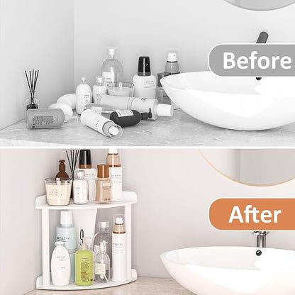 2 Tier Countertop Corner Organizer Shelf 7x7x8 Inch, White Acrylic Bathroom Vanity Storage Organizer Corner Shelf for Skincare, Cosmetics, Perfume