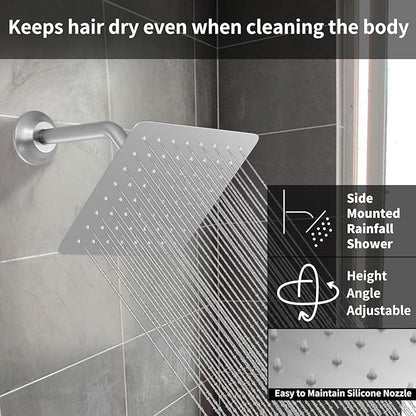 Temperature Display Shower Fixtures Brushed Nickel Rainfall Shower System, Push Button Shower Faucet with 2 Wall Mounted Shower Head(12+8"), Handheld Shower