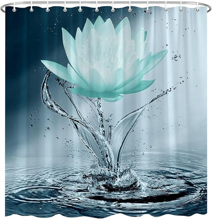 Lotus Shower Curtain Black White Teal Flower Elegant Blooming Floral with Dew Spring Flower Reflection on Water Modern Romantic Polyester Fabric Bathroom Decor 60×70 Inch with Hook