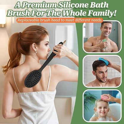 Soft Silicone Body Scrubber 2PCS, Dual-Side Silicone Loofah for Shower, Gentle Loofa Alternative, Replaceable Brush Head to be Used Alone or with Long Handle (Bluex2)