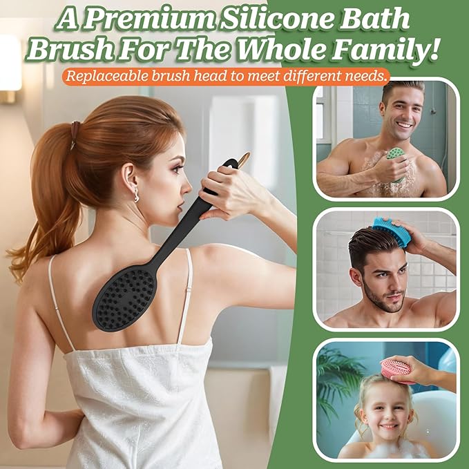 Silicone Back Scrubber for Shower, Soft Silicone Loofah with Handle, Gentle Exfoliating Back Scrubber, Back Brush Bath Brush with Dual-Side & Detachable Brush Head(Black)
