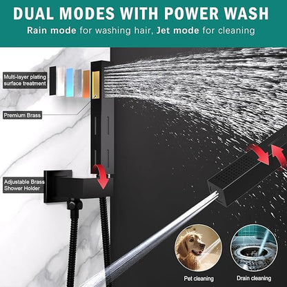 ENGA Shower Faucet Set, Dual Head Shower System 10" & 6" Square Rain Shower Heads with 2 in 1 Handheld Spray, 3 Way Water Diverter, Matte Black