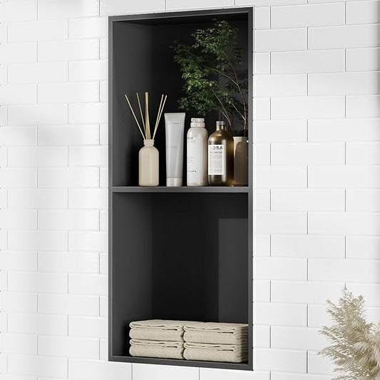 Bathbliss Shower Niche, No‑Tile Recessed Wall Niche, 11.18"x22.3" SUS304 Stainless Steel Double Shelf, Leak‑Proof Waterproof for Bathroom Storage, Matte Black