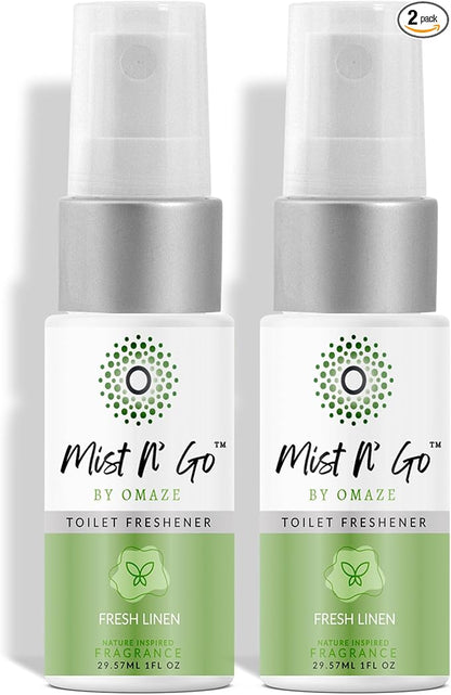 Mist N' Go by Omaze Travel Bathroom Spray - Toilet Odor Eliminator & Air Freshener - Fresh Linen (1oz x2)