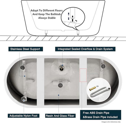 FerdY Bali 67" Acrylic Freestanding Bathtub, Ergonomic Lightweight Classic Oval Soaking Bathtub with Chrome Drain, Classic Slotted Overflow, Modern White