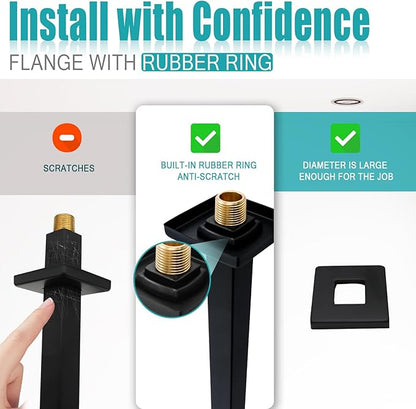 Matte Black Shower Arm with Flange and Teflon Tape for High Ceiling or Fixed Rain Showerhead, Universal Connection 16-inch Square Straight Shower Head Extender Extension Pipe, 304 Stainless Steel