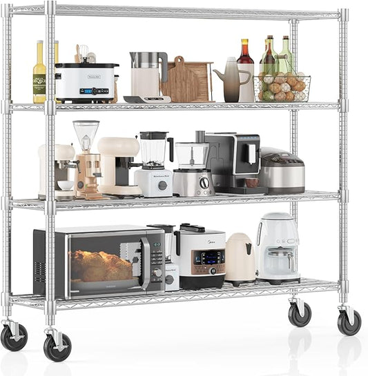 Homdox 4 Tier Heavy Duty Metal Wire Shelving with Wheels, 2400 lbs Capacity Garage Storage Rack, Rolling Industrial Storage, Adjustable Commercial Shelves for Kitchen, Warehouse, 18"x60"x72", Chrome