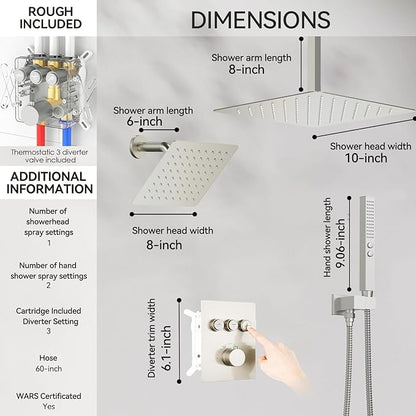 Thermostatic Shower Systems Brushed Nickel Shower Faucets Sets, STARBATH 12+ 8" Ceiling Mount Rain Shower and 2 in 1 Handhled, Can Use All at Once, Push Button 3 Modes Valve Complete Shower Set