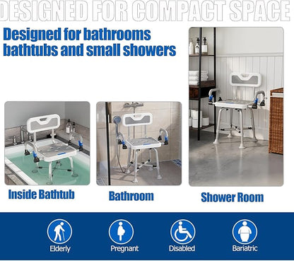 Shower Chair for Seniors Elderly Handicap Disabled Or Bariatric Adults Heavy Duty 500 Lbs Bench Seat for Inside Shower Stall and Bathroom Bath Tub with Arms and Back Adjustable Stool Chairs