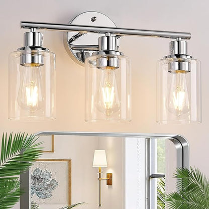 3-Light Bathroom Light Fixtures, Chrome Bathroom Wall Light with Clear Glass Shade, Bathroom Wall Lamp for Mirror Kitchen Living Room Hallway Cabinet