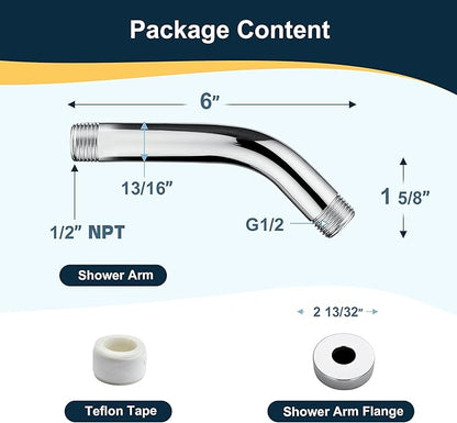 BRIGHT SHOWERS Brass Shower Arm with Flange 6 Inch Wall Mounted Shower Pipe Arm Extension for Fixed Shower Head and Handheld showerhead, Chrome