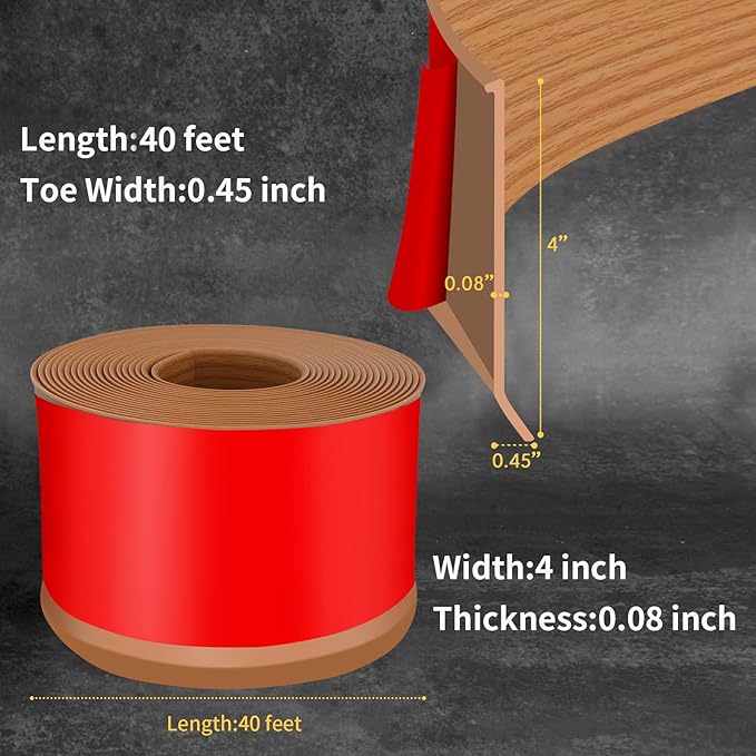 Flexible Baseboard Molding Trim 4 Inch Self-Adhesive Vinyl Wall Base Peel and Stick Cove Base Rubber Wall Baseboard Moulding Trim (40Ft, Yellow Oak)