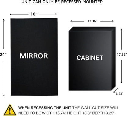 TEHOME Black Metal Framed Recessed Bathroom Medicine Cabinet with Mirror Rectangle Beveled Vanity Mirrors for Wall 16 x 24 inches