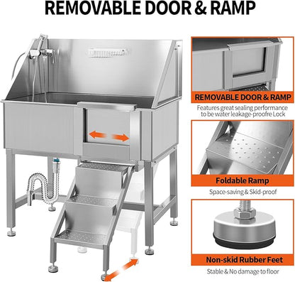 38" Stainless Steel Dog Cat Pet Grooming Bath Tub (w/Faucet, Sprayer, Shampoo Rack),Right Door